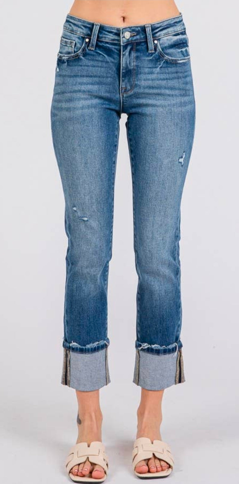 Petra MID RISE SLIM STRAIGHT W/ CUFFED HEM JEANS