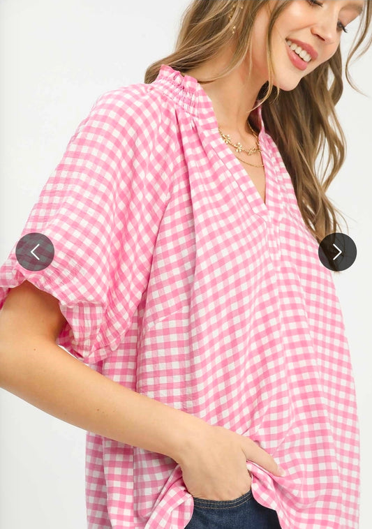 Gingham Bubble Sleeve V-Neck Top w/ Scallop Hem Peony