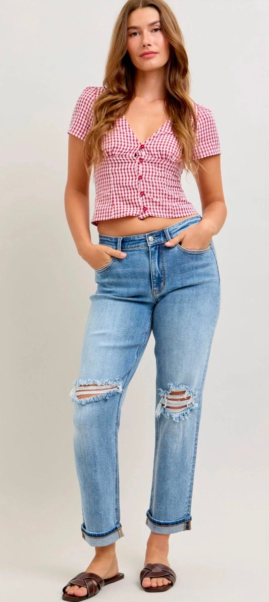 Judy Blue Mid Rise Destroyed Cuffed Boyfriend Denim Jeans