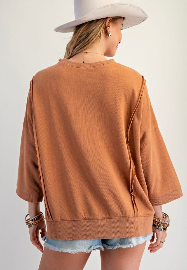 BOW PATCH BOTTOM HEM WASHED TERRY PULLOVER