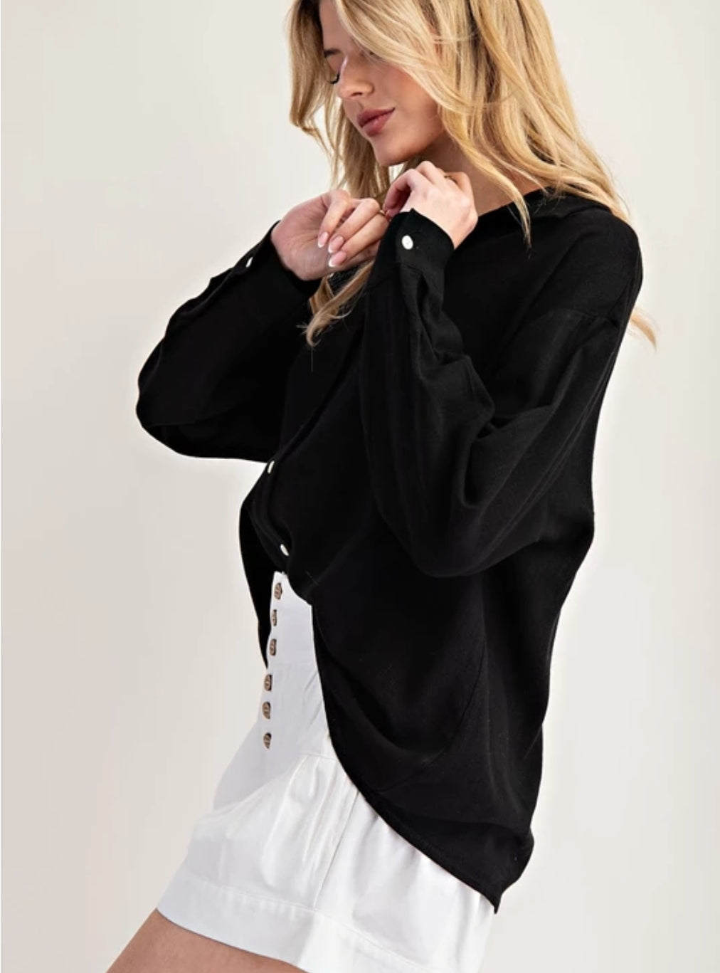 Black Solid Long Sleeve Button Down