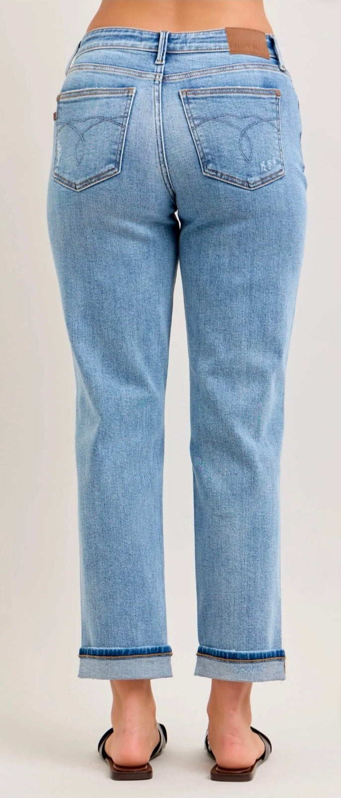 Judy Blue Mid Rise Destroyed Cuffed Boyfriend Denim Jeans