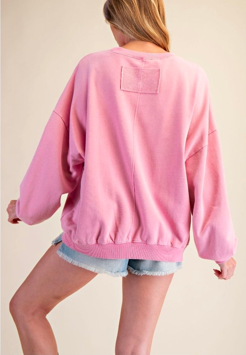 BOW PRINT FRONT WASHED TERRY PULLOVER