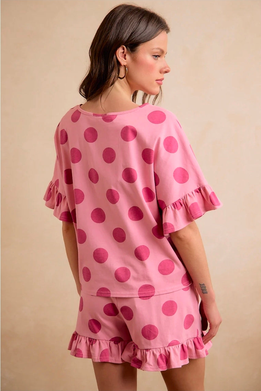 Blush Pink POLKA DOTS PRINTED RUFFLED DETAIL TOP AND SHORTS SET