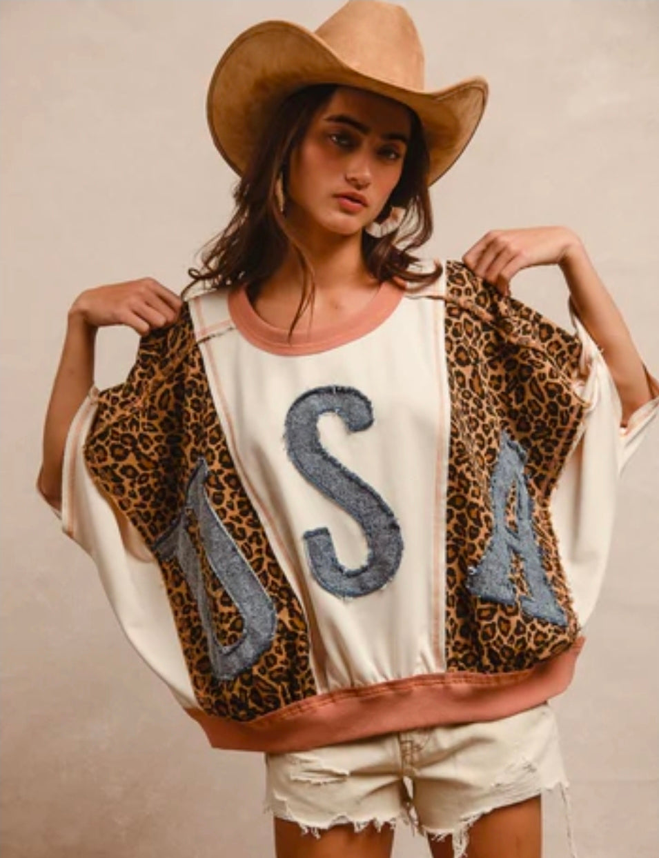 Leopard and Solid Top with Denim USA Patch