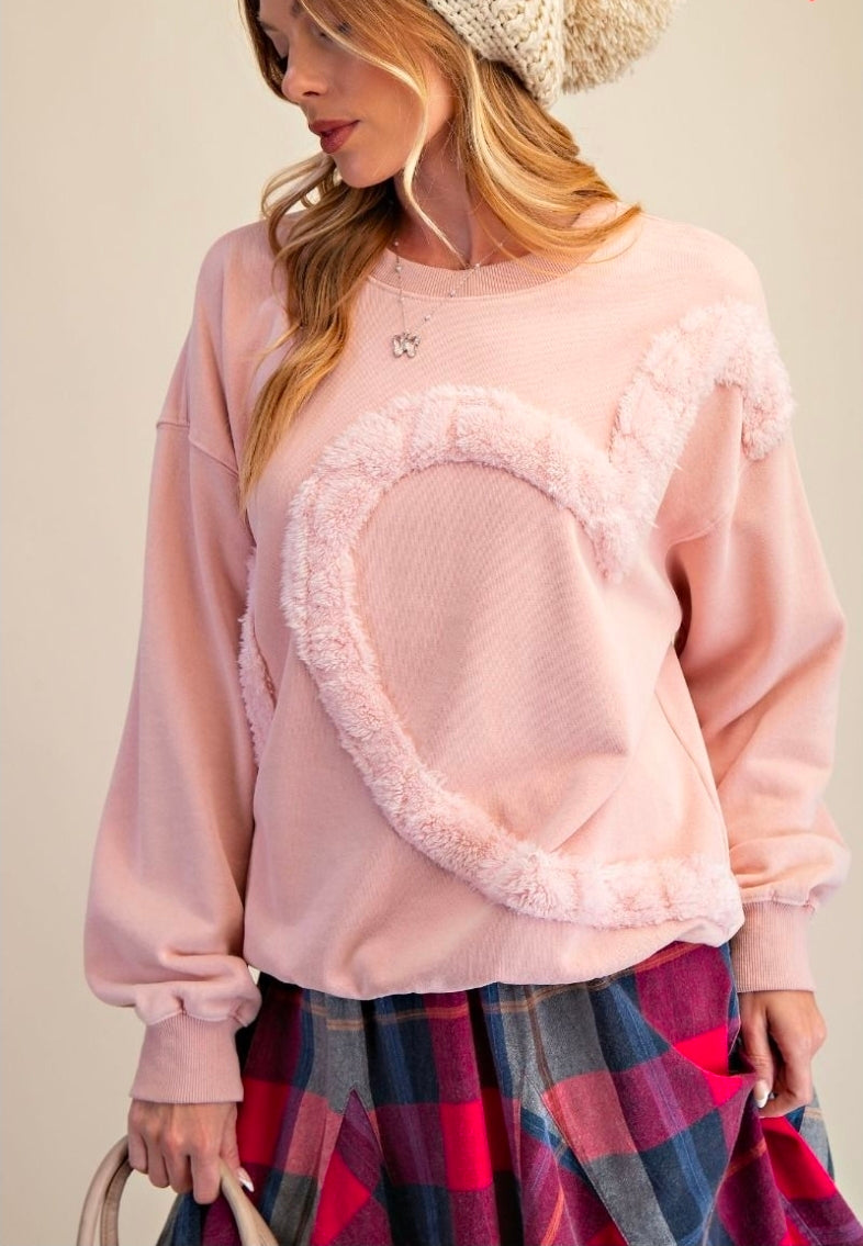 HEART FUR DETAILING WASHED TERRY PULLOVER