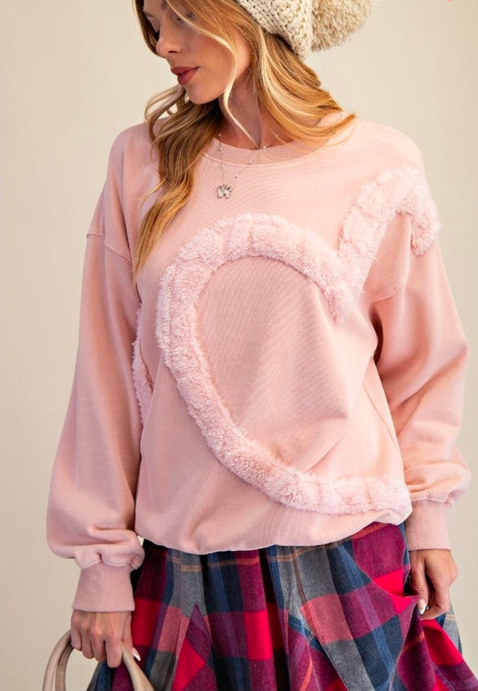 HEART FUR DETAILING WASHED TERRY PULLOVER