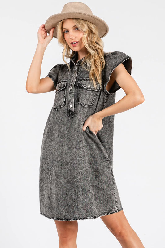 Distressed Denim Button-Front Shirt Dress