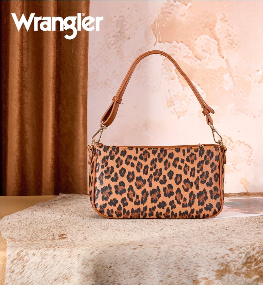 Wrangler Western Leopard Print Shoulder Bag with Chain Detail - Brown
