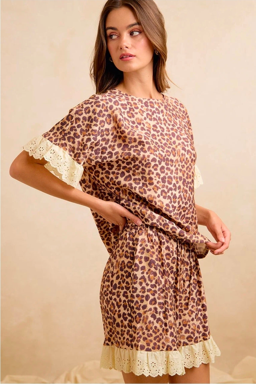 LEOPARD AND EYELET LACE RUFFLED TOP AND SHORTS SET