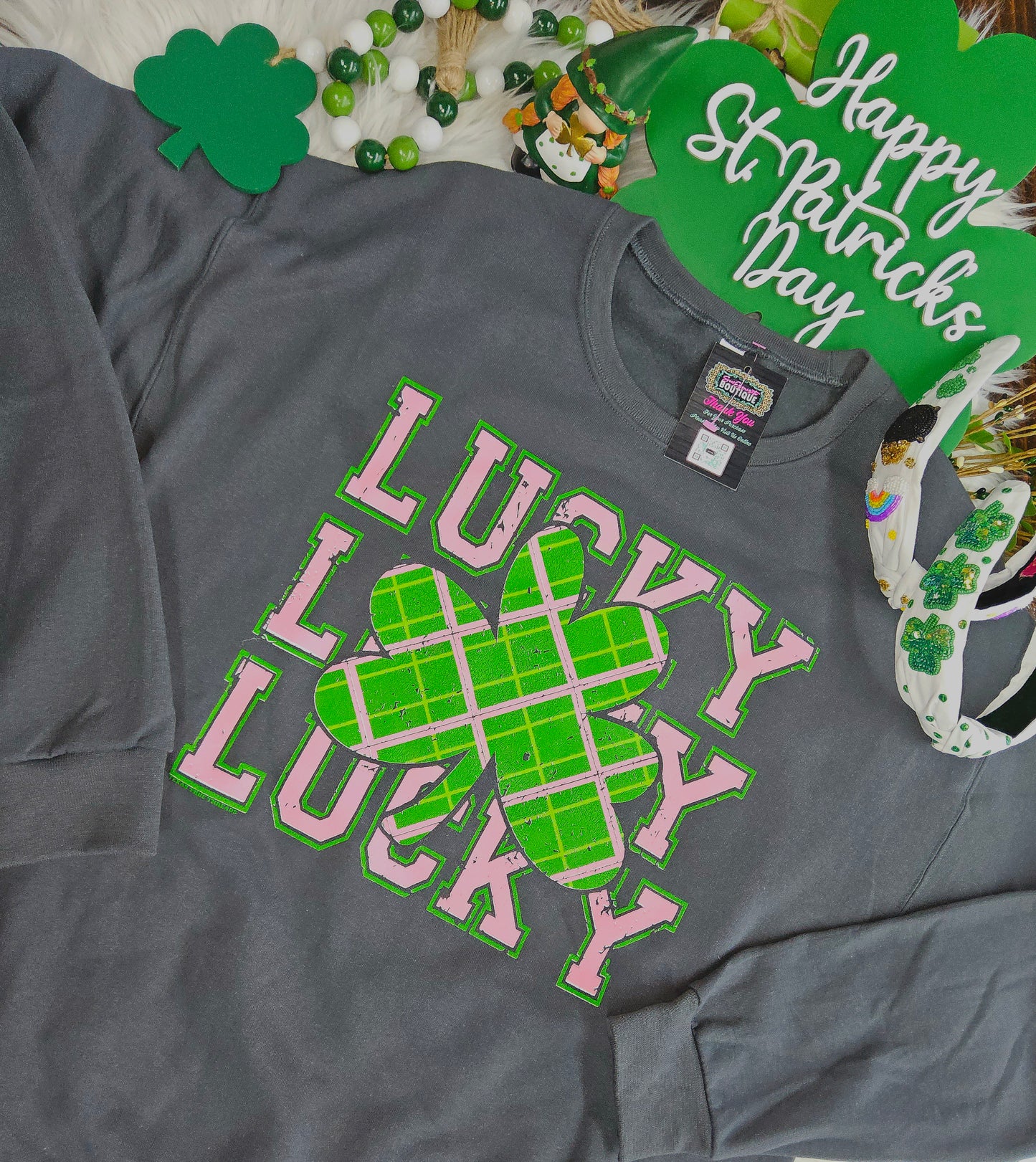Lucky Repeat in Pink & Green Plaid Sweatshirt