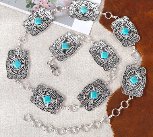 Turquoise Rustic Couture Etched Square Stone Centered Concho Link Chain Belt