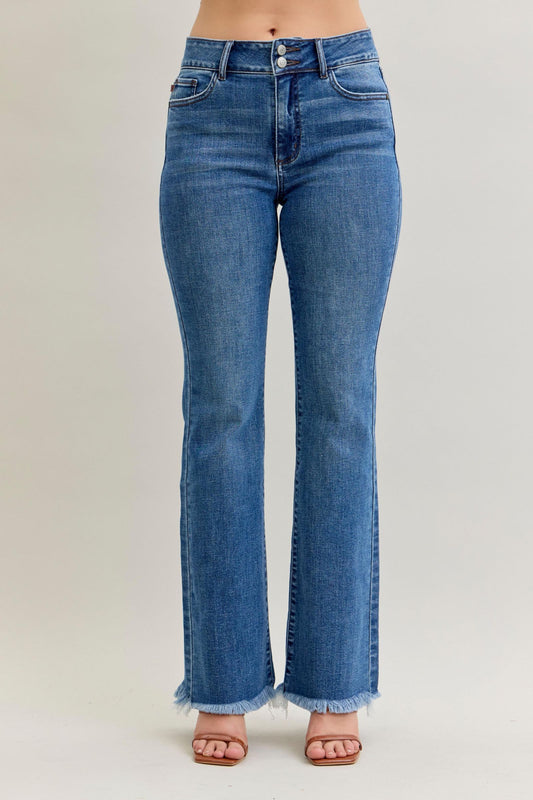 Judy Blue High Waist Double Button Fray Hem Bootcut Denim Jeans