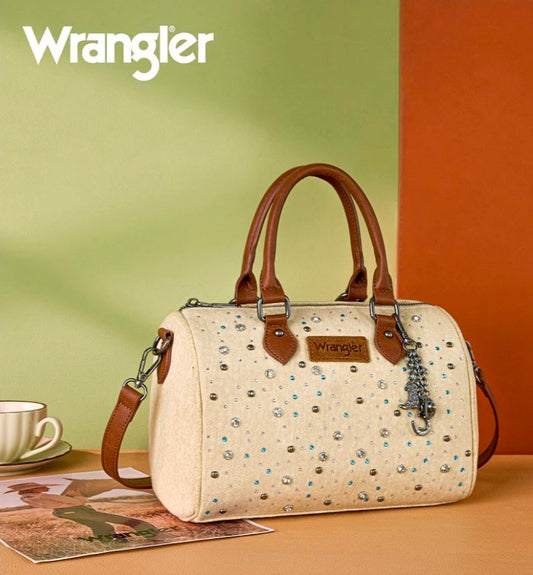 Wrangler Western Rhinestone Denim Boston Bag/Crossbody - Tan