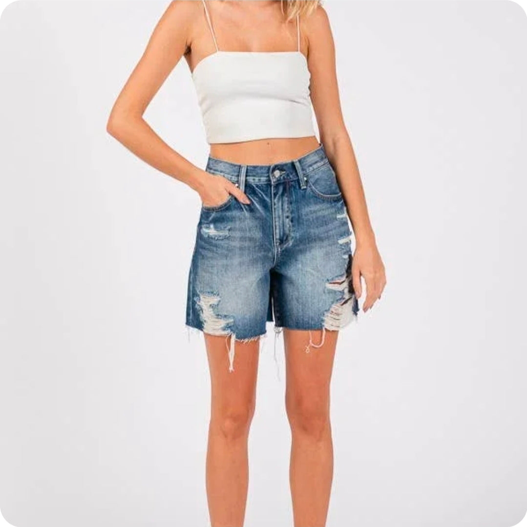 Petra HIGH RISE RIGID RELAXED MIDI SHORT W/ FRAYED HEM