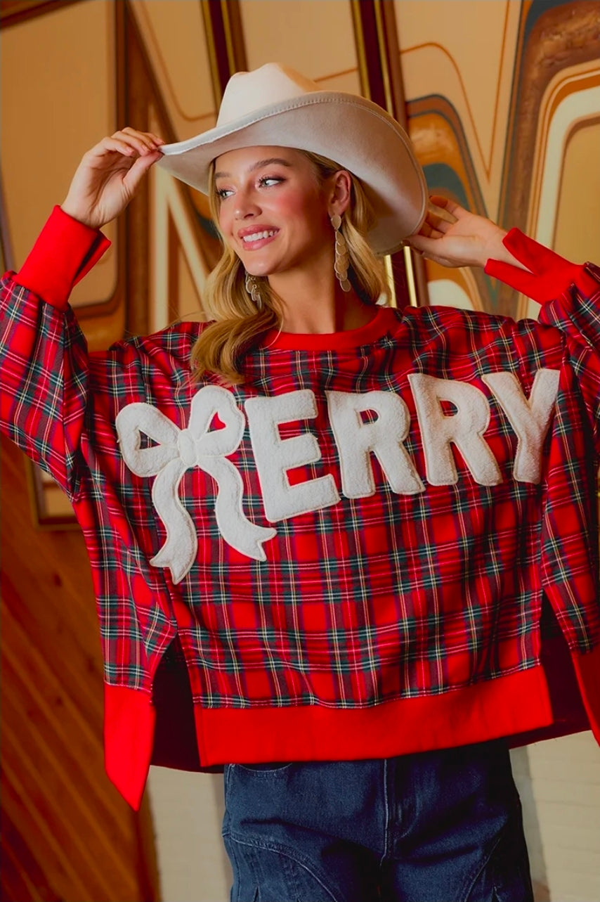 CHRISTMAS TARTAN PLAID MERRY CHENILLE PATCH SWEATSHIRT