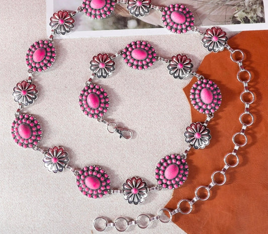 Hot Pink Rustic Couture Oval Flower Stone Concho and daisy conchos Link Chain Belt