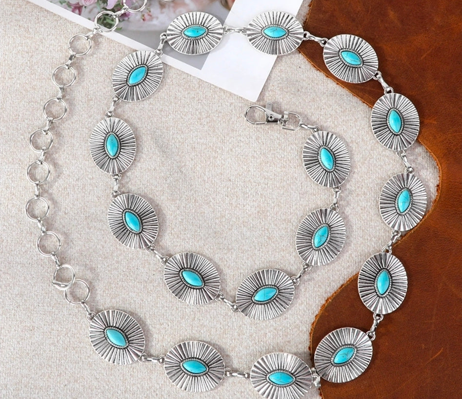 Turq. Rustic Couture Western Sunburst Concho Link Chain Belt