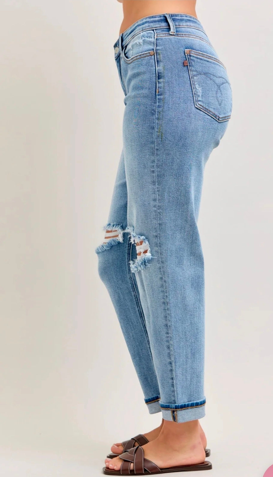 Judy Blue Mid Rise Destroyed Cuffed Boyfriend Denim Jeans