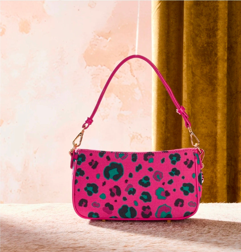 Wrangler Leopard Print Canvas Shoulder Bag with Chain Strap - Hot Pink