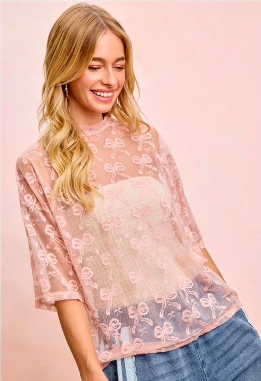 BOW PATTERN SHORT SLEEVES BOXY MESH TOP DUSTY ROSE