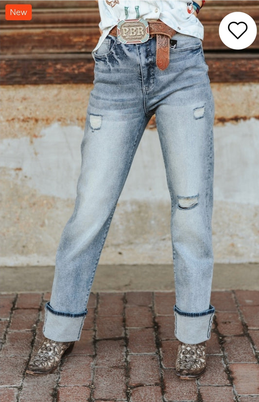 L & B Vintage Stone Wash High Rise Distressed Cuffed Boyfriend Jeans