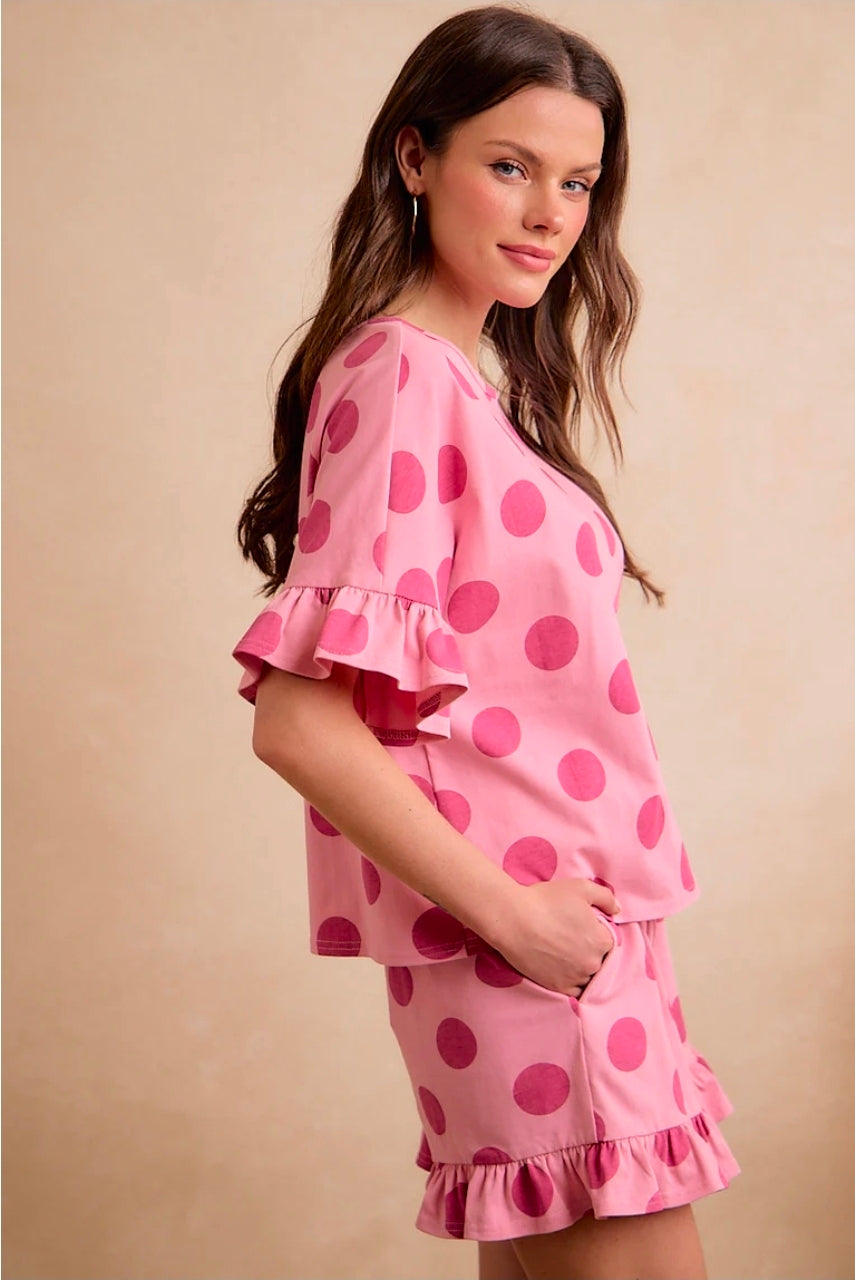 Blush Pink POLKA DOTS PRINTED RUFFLED DETAIL TOP AND SHORTS SET