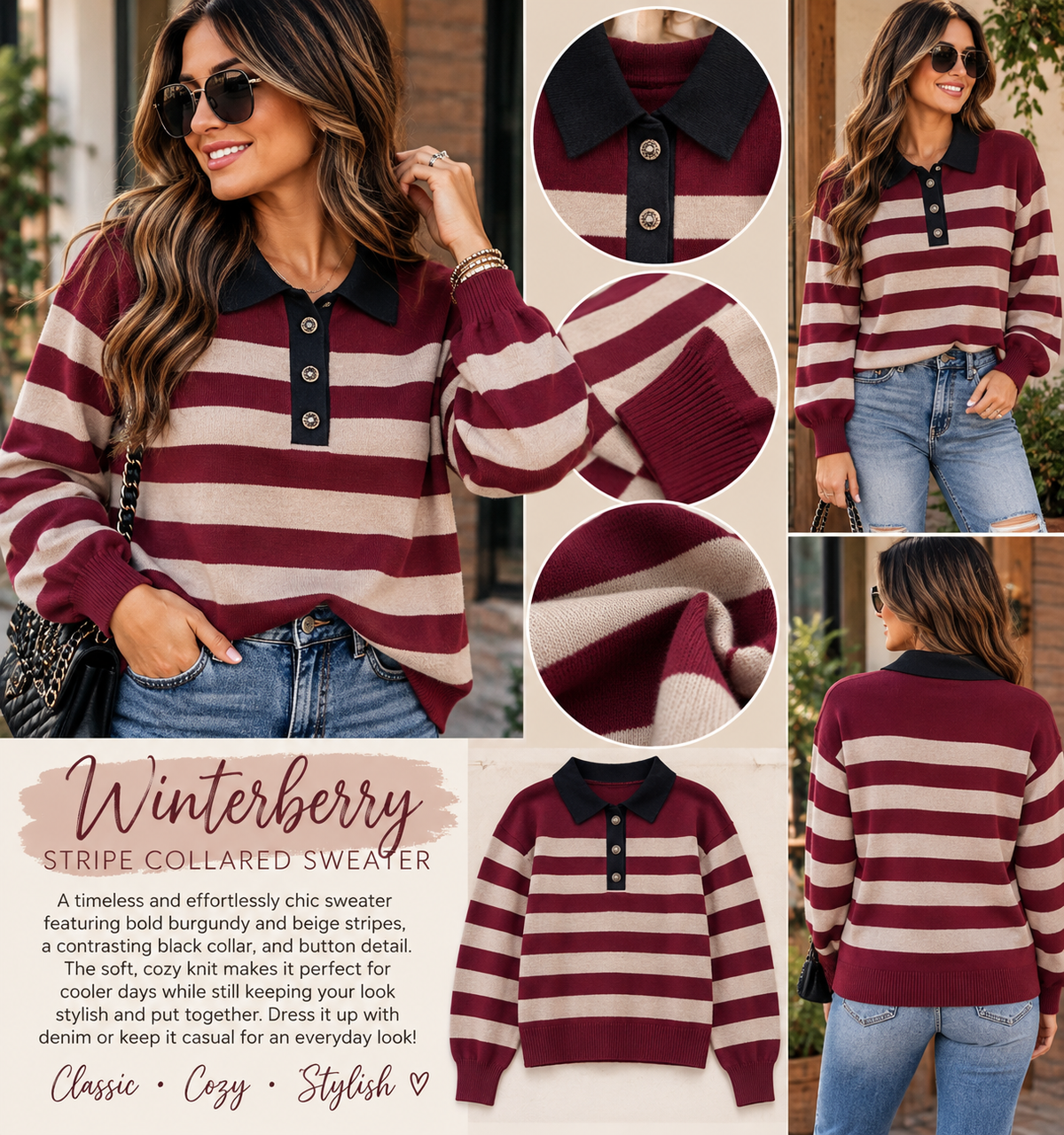 🍷 Winterberry Striped Collared Sweater