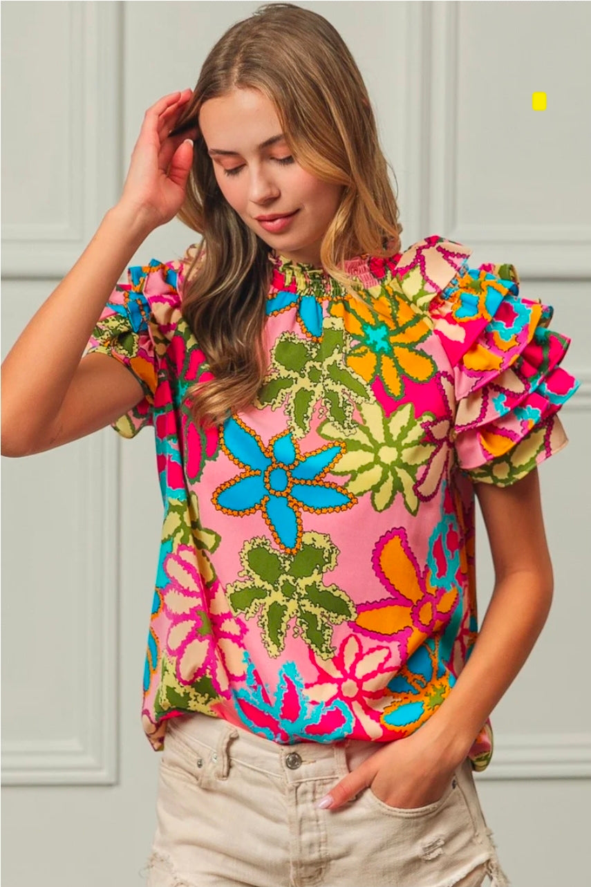 FLORAL PATTERN LAYER RUFFLE TOP
