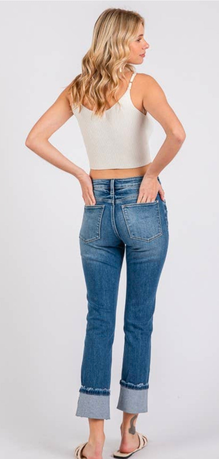 Petra MID RISE SLIM STRAIGHT W/ CUFFED HEM JEANS