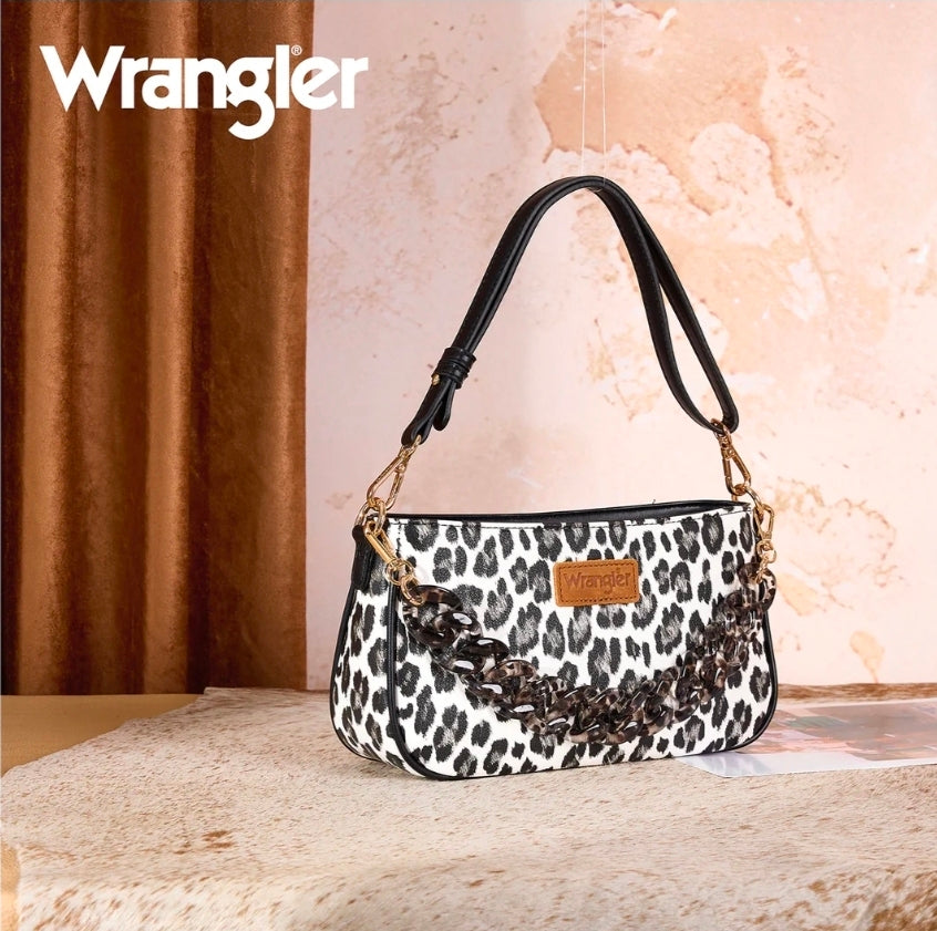 Wrangler Western Leopard Print Shoulder Bag with Chain Detail - Black
