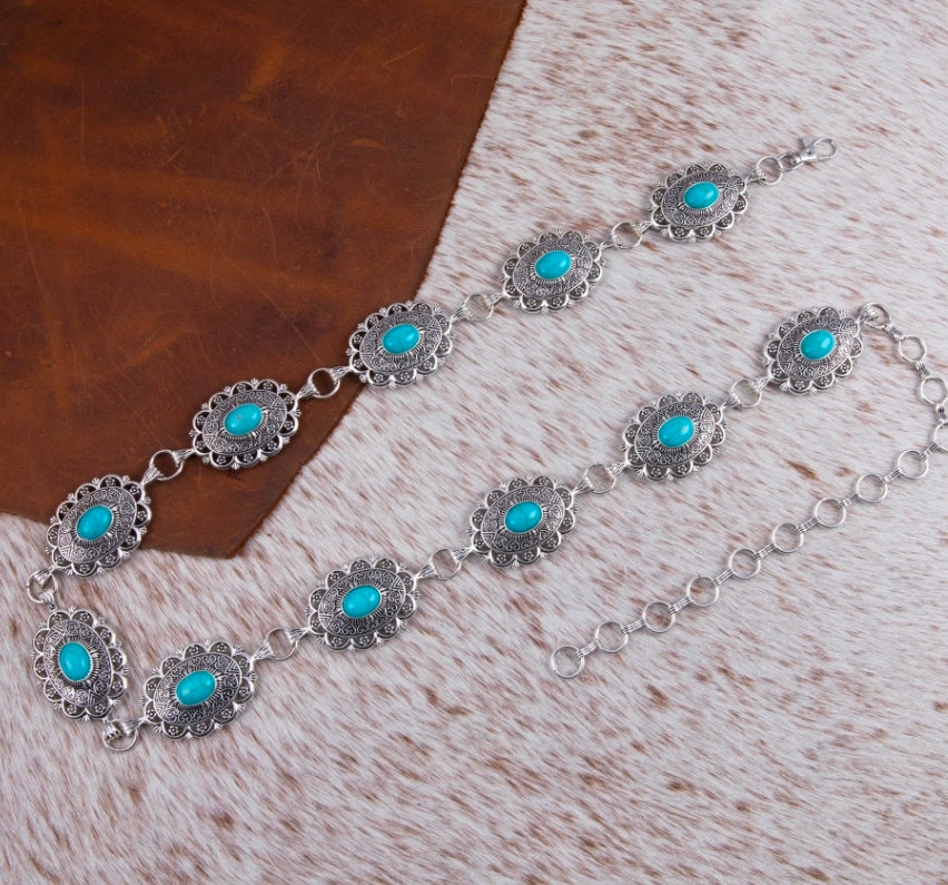 Turq. Rustic Couture Oval Flower Stone Concho and daisy conchos Link Chain Belt