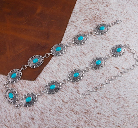 Turq. Rustic Couture Oval Flower Stone Concho and daisy conchos Link Chain Belt