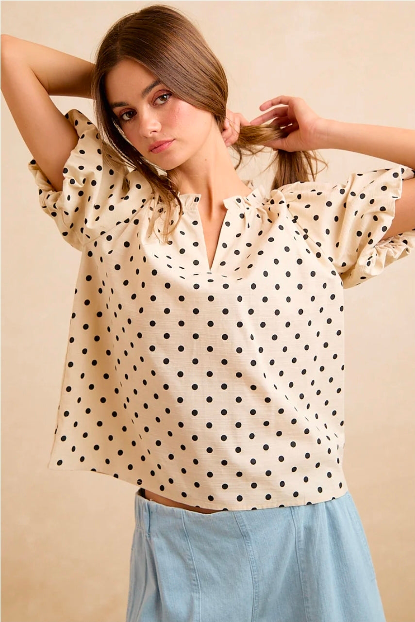 LINEN BLEND POLKA DOT PRINT BUBBLE SLEEVE BLOUSE TOP