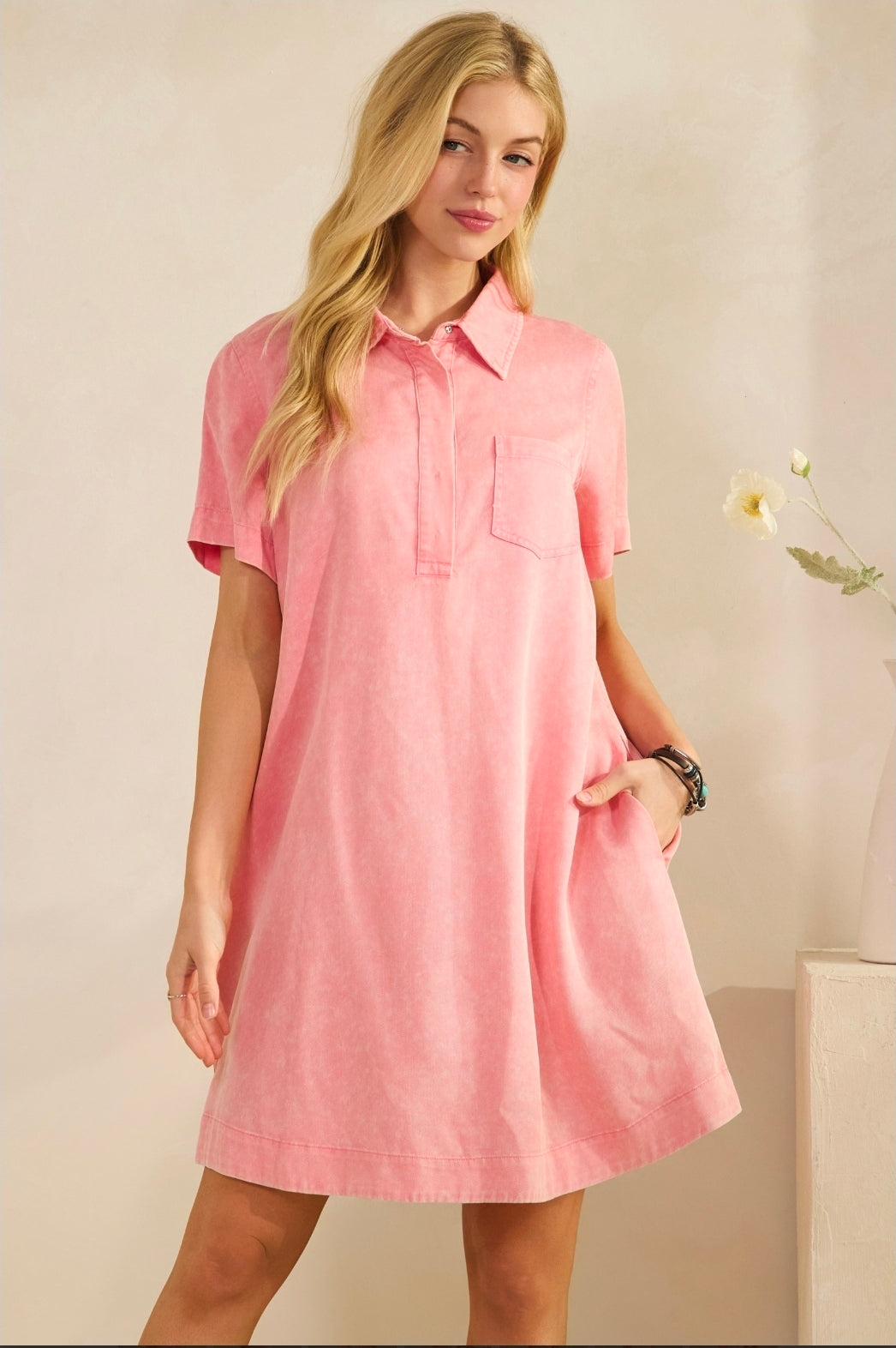 CASUAL BUTTON-FRONT WASHED TUNIC DRESS