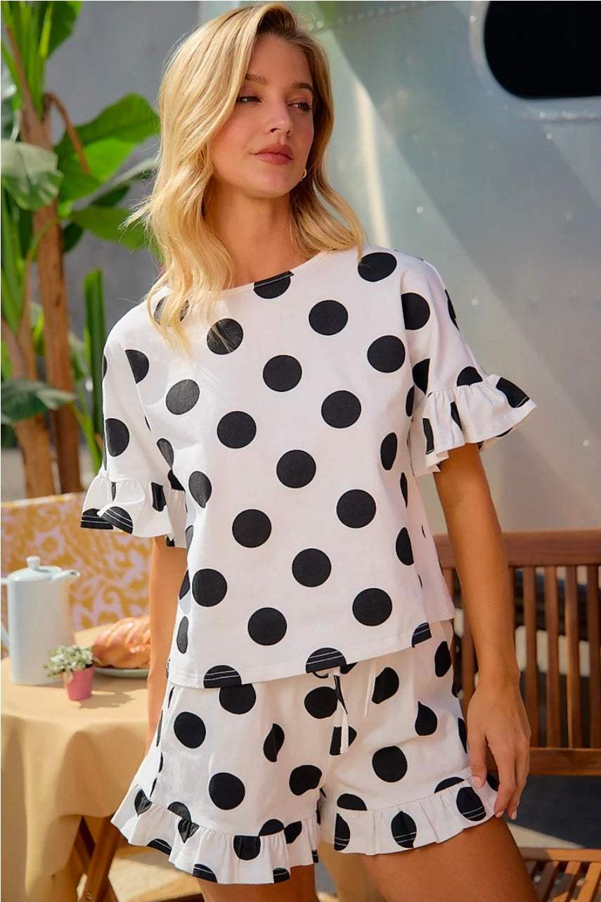 Ivory Black POLKA DOTS PRINTED RUFFLED DETAIL TOP AND SHORTS SET
