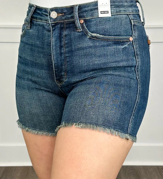 Judy Blue Tummy Control High Rise Fray Hem Dark Wash Shorts