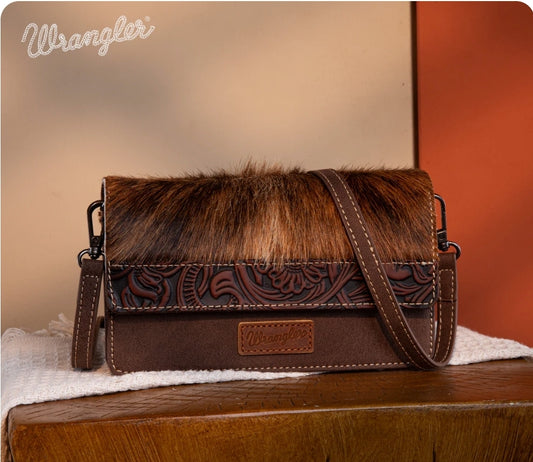 Wrangler Genuine Hair-On Cowhide Wallet/Crossbody -Coffee