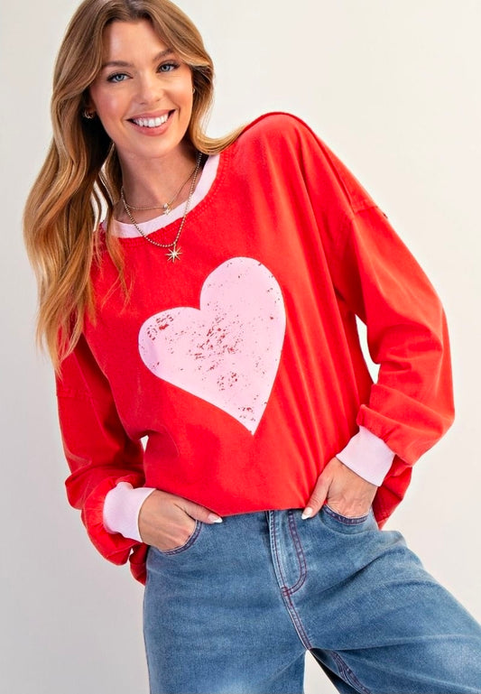 HEART PRINTED WASHED PULLOVER