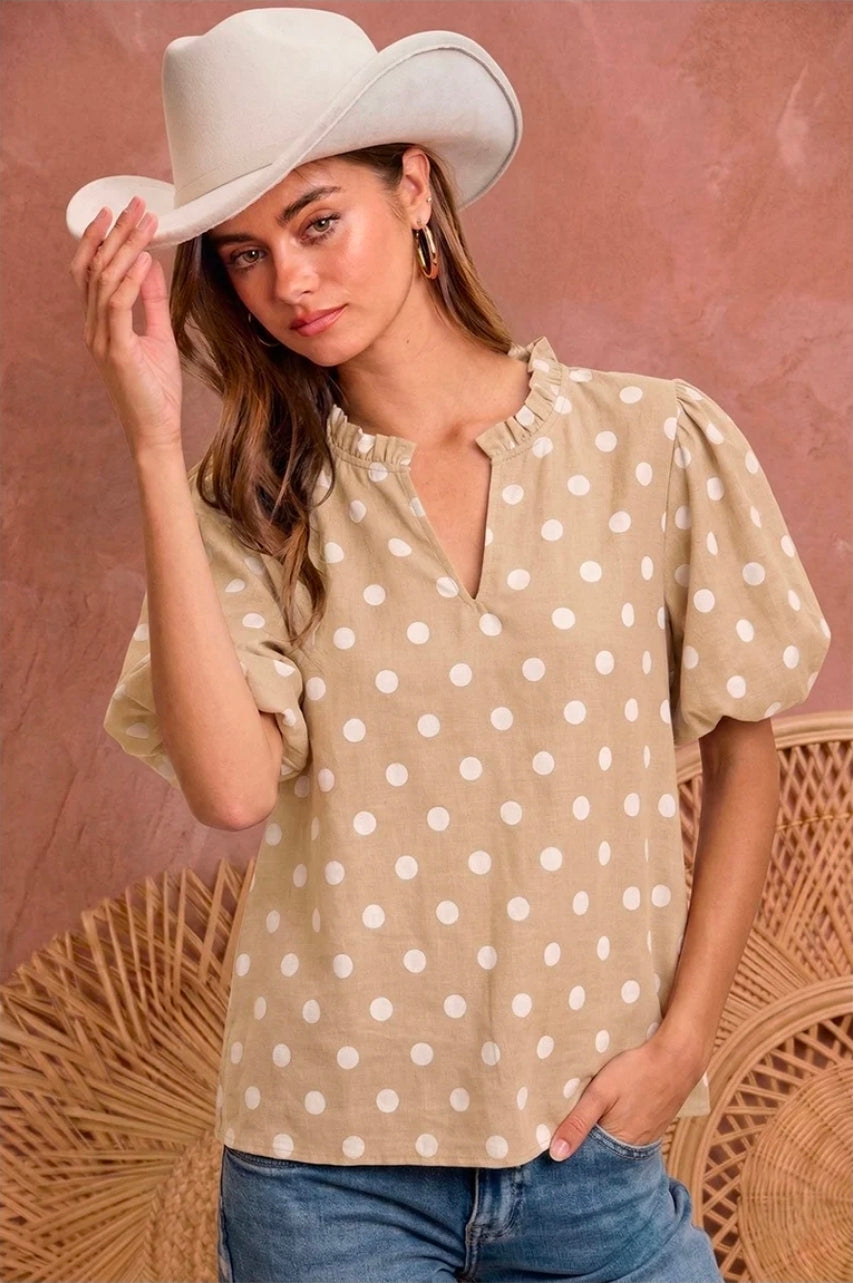 POLKA DOT PRINTED WOVEN RUFFLED V NECK TOP