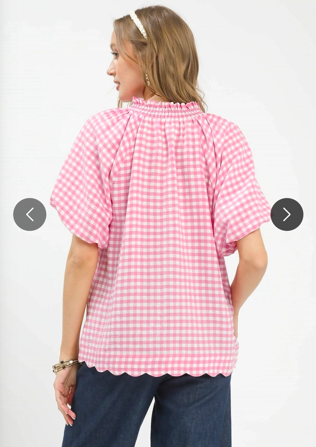 Gingham Bubble Sleeve V-Neck Top w/ Scallop Hem Peony