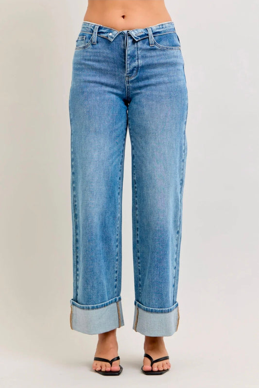 Judy Blue Mid Rise Fold Over Waistband Straight Denim Jeans