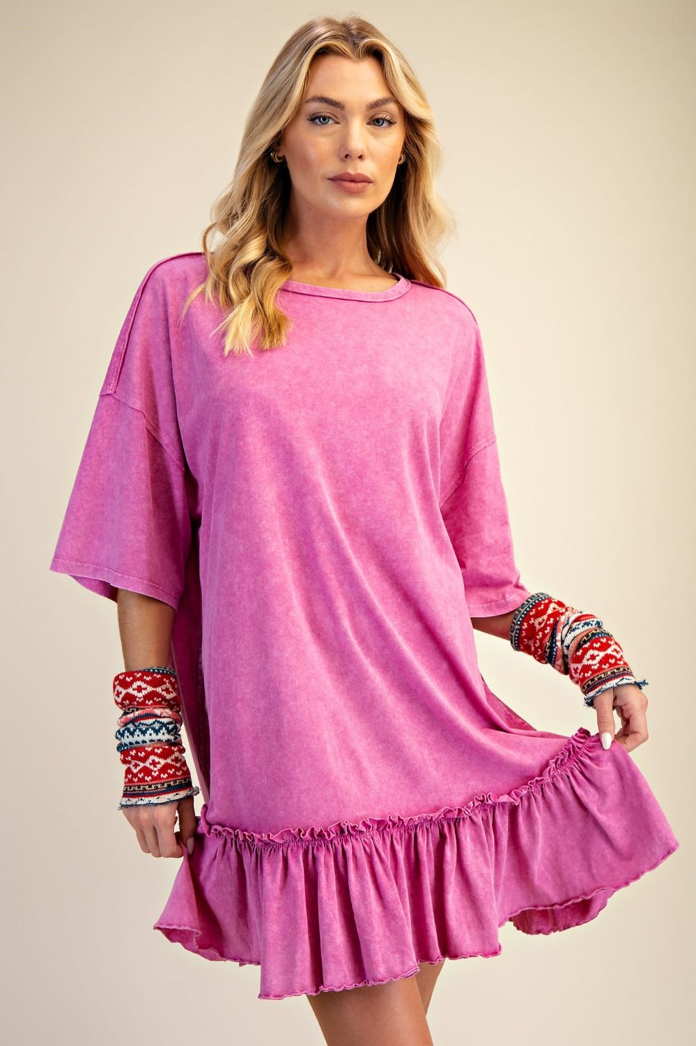 RUFFLE BOTTOM WASHED COTTON TUNIC DRESS
