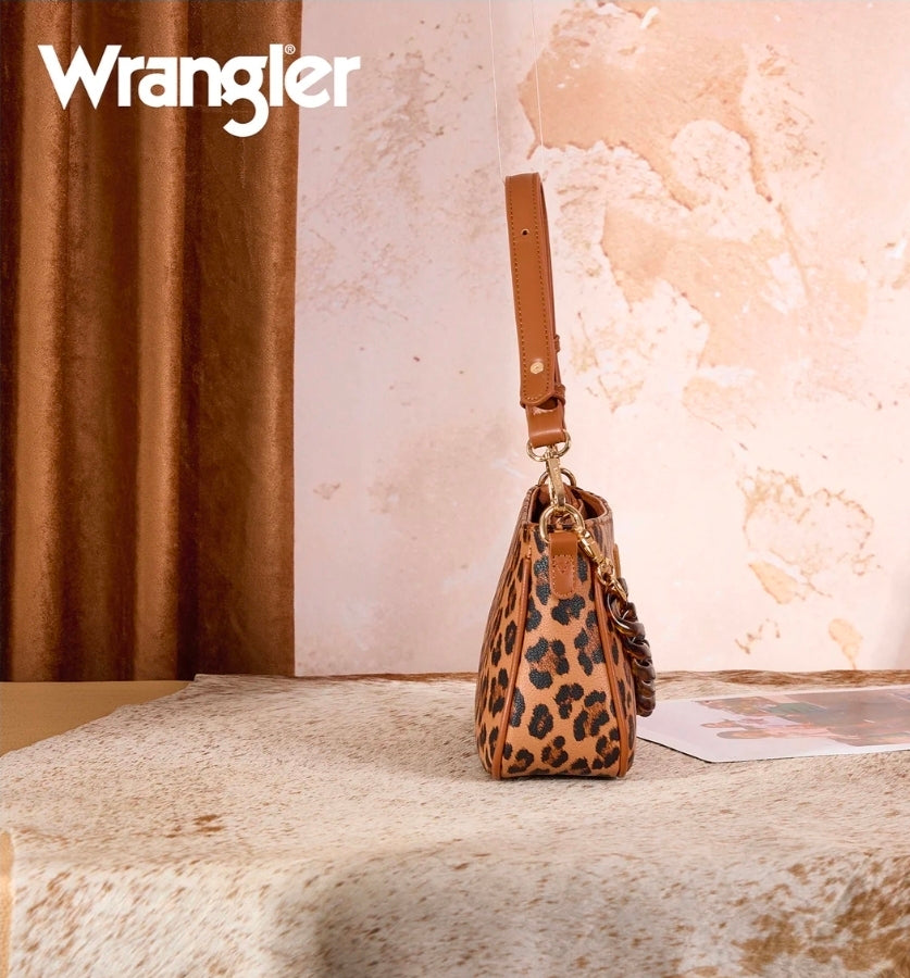 Wrangler Western Leopard Print Shoulder Bag with Chain Detail - Brown