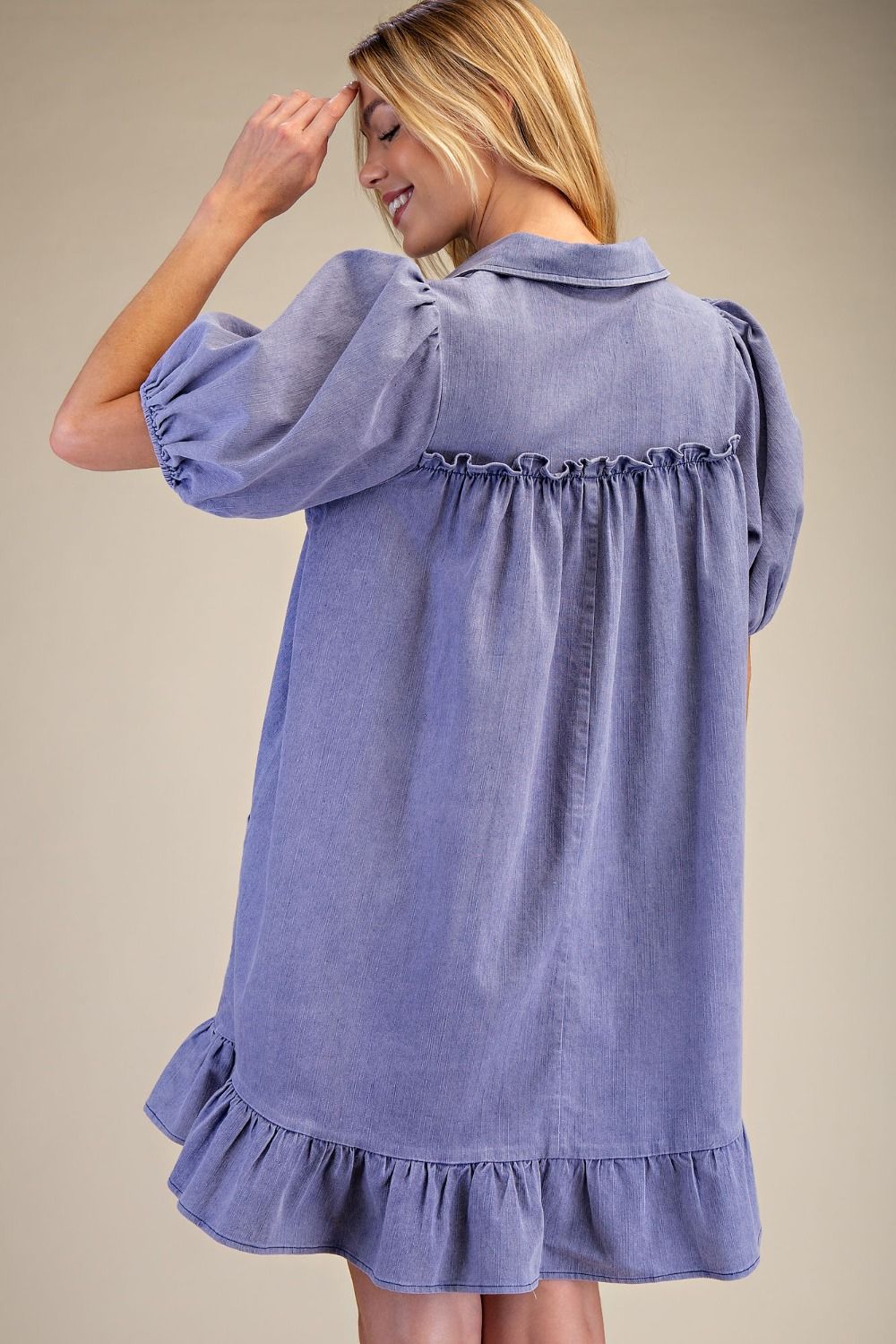 RUFFLE BOTTOM WASHED CHAMBRAY DRESS