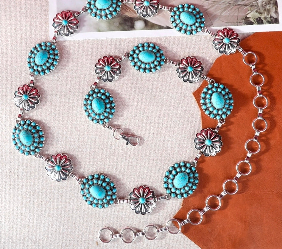 Turquoise Rustic Couture Oval Flower Stone Concho and daisy conchos Link Chain Belt