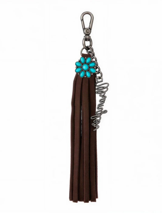 Wrangler Turquoise Fringe Suede Bag Charm - Coffee