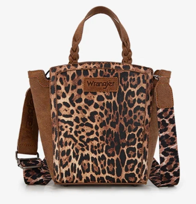 Wrangler Western Braided Handle Leopard Tote Bag Brown
