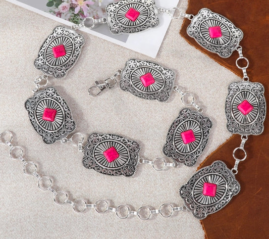 Hot Pink Rustic Couture Etched Square Stone Centered Concho Link Chain Belt