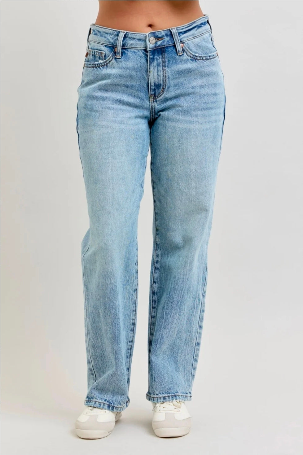 Judy Blue Mid Rise Rigid Magic Destroy Straight Petite Denim Jeans